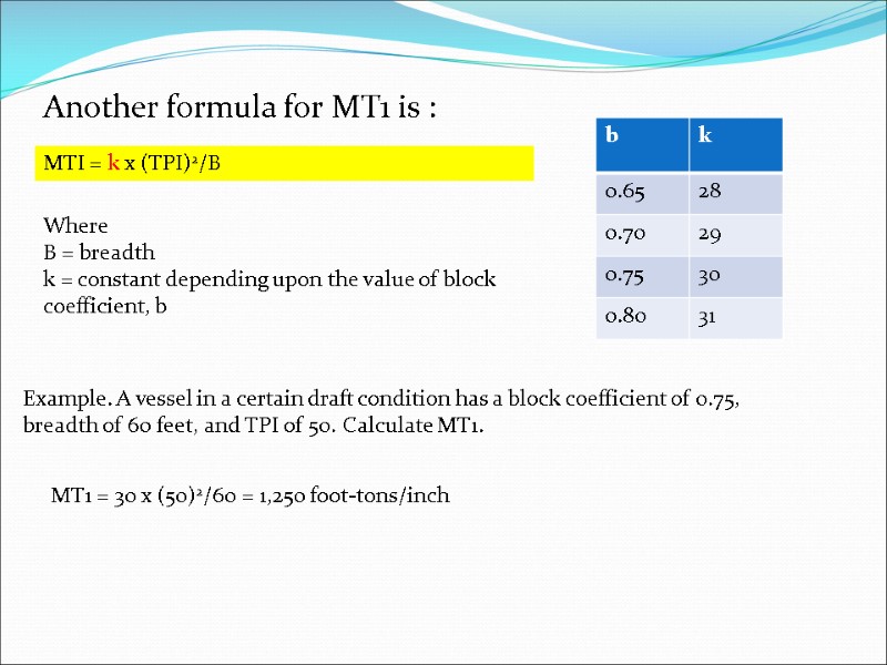 Another formula for MT1 is :  MTI = k x (TPI)2/B Where 